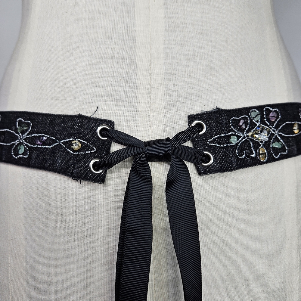 Belt 40-50" Vintage Black Denim Gemstone Embroidered Grosgrain Ribbon Wrap Tie - Picture 6 of 10